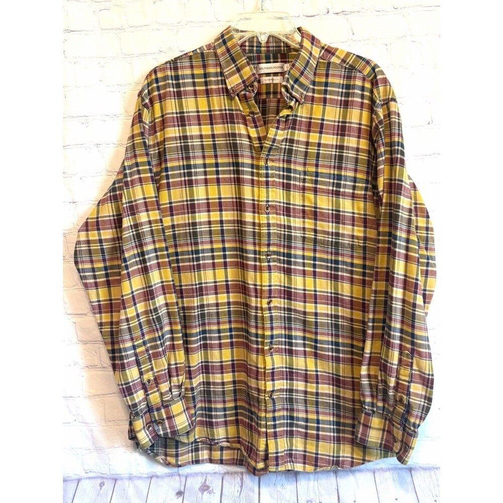 Southern Proper Mens Large Flannel Shirt Plaid Yellow Burgundy Button Down Cotto